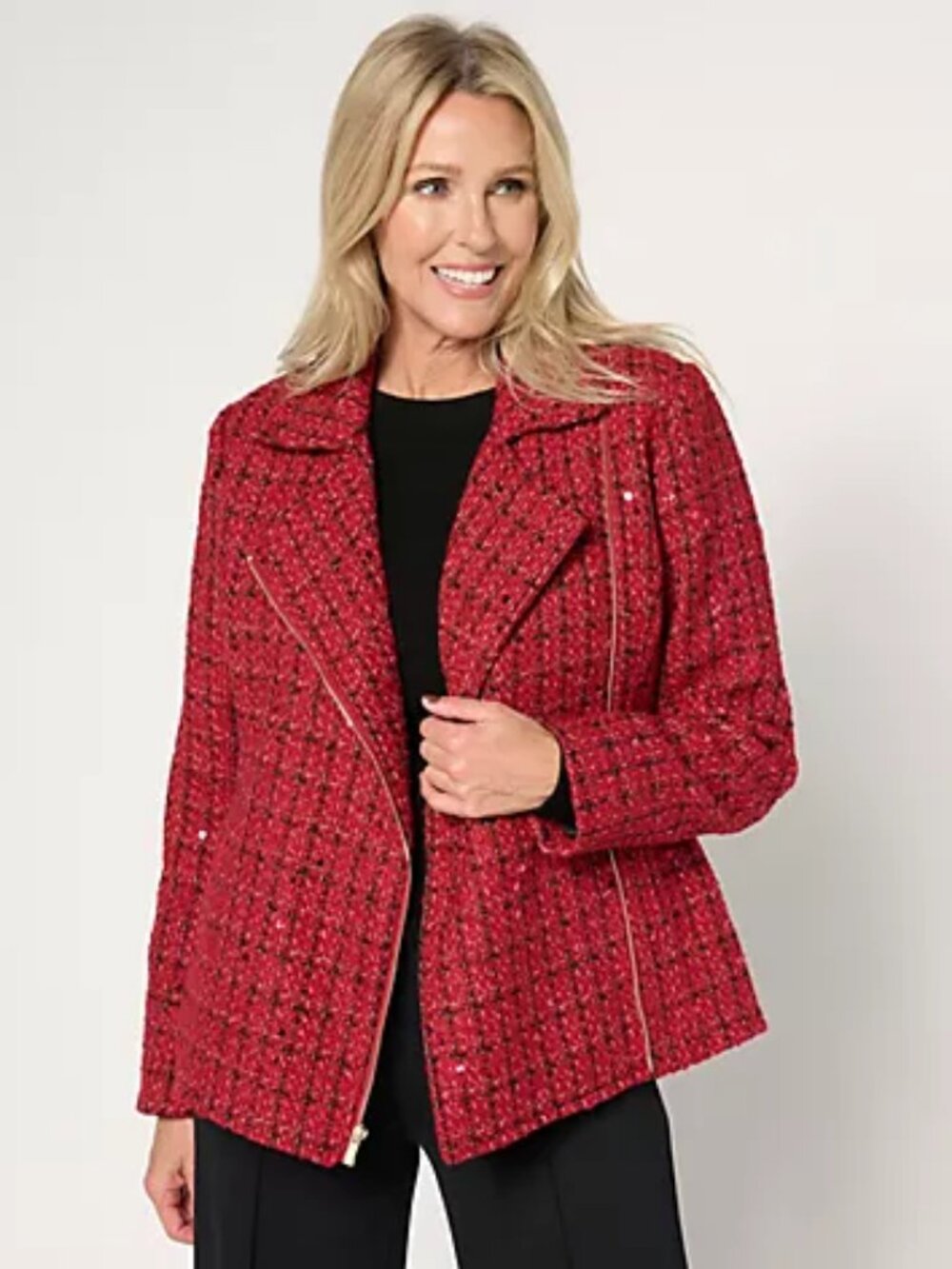GRAVER Susan Graver Sequin Tweed Long-Sleeve Moto Jacket, Ruby Sz 14 a672480